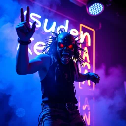 An "suden kebabia" performing at dance club, his name is "suden kebabia" and looks crazy, looks very aggressive look, Neon lights and smog, "suden kebabia" SIGN ON WALL