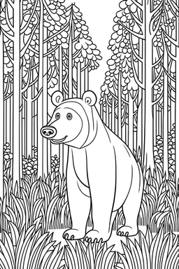 a brown bear in a charming European woodland., clean line art, monochrome, for kids coloring book