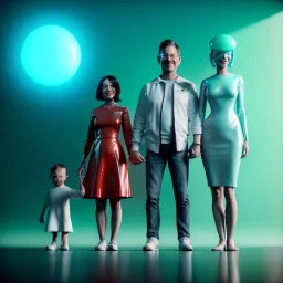 Ultra Realistic classic family portrait, living room. father. mother. daughter. alien pet. Little flying sphere drone. retro futuristic, minimal style, latex dress. smile, happy. highly detailed, concept art, unreal engine 5, ray tracing, RTX, lumen lighting, ultra detail, volumetric lighting, 3d, finely drawn, high definition, high resolution.