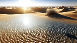 A vast desert where the sand is made up of tiny mirror fragments. During the day, the sun reflects in all directions, creating a blindingly bright landscape. At night, the stars multiply infinitely on the ground.