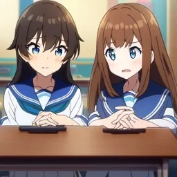 Clear focus, High resolution, Teenager, Adorable, Anime screencap, transformation, long flowy brown hair, blue eyes, wearing a sailor uniform, blushing and screaming, in the classroom