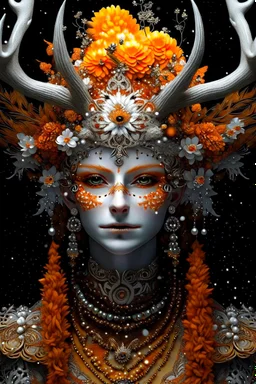 Woman humanoid reindeer queen portrait with extremely textured skin and Golden dust white floral crown and fur, adorned with white and light ginger berry colour snowy leaves and snow flblack. Orchid with small seapearls ornate crystal lace, wearing pearl black lace effect Halloween costume and masque Organik bio spinal ribbed detail of snowy orange candle athmoshpheric full. Ornate floral background white spider web and a pumpkin around extremely detailed hyperrealistic maximálist concept ar