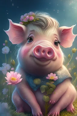 Happy and cute Scottish Highland pig with dreamy sparkling eyes, gender girl, 4K resolution quality, sitting and holding a flower, nursery art, very beautiful and highly polished, with full details, smooth edges, soft hair and cotton O, flawless facial features, stunning, whimsical fantasy, beautiful, detailed, well-rendered, cartoon, illustration