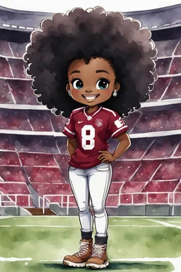 A sassy thick-lined watercolor cartoon image of a black chibi girl standing in front of a football stadium. She is wearing a University of South Carolina football jersey with tight white jeans and timberland boots. behind her curvy body. Looking up coyly, she grins widely, showing sharp teeth. Her poofy hair forms a mane framing her confident, regal expression. Prominent maekup with hazel eyes. Hair is highly detailed.