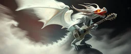 dragon fog weightless,high speed blur, fluffy as hell illithid high priest gremlin guitar acoustic banger, instrumental, celtic, georgian, gypsy jazz, back on track portrait of space captain gnome lich, , priest psycho, in cockpit, celtic knot hollow tube transparent core ornate indented space ship, shiny bright mega ship flourescent white blue like bubble gum with a few big windows and decks, interdimensional twister, rock against colored spaced fog, space interior. split tail, winged serpent,