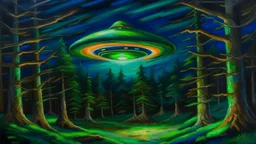 florescent classical oil painting Monet style large ufo in forest zapping avocado