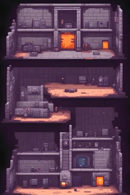 2d pixel art environement, old abandoned human underground military bunker, use for experimentation, laboratory. platform video game