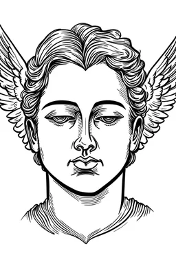 outline of an angelic face. face only. black and white. white background. man looking down. facing frontal