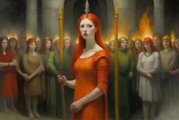 Painting of a redhead young woman queen at the stake