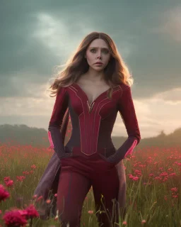 Feiticeira escarlate, Elizabeth Olsen, feiticeira, magia, rosto detalhado belo, bonita, cenário em um campo de flores, cinematográfico, dramático, por do sol, campo de flores, cores frias