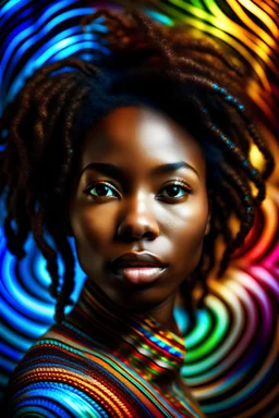 ((le visage d'une belle jeune femme africaine, plein plan)) ,apparait dans de nombreux tourbillons en spirales serrées multicolores,photo multi couleur, haute resolution, très détaillée, haute lumière,ultra réaliste, art réaliste