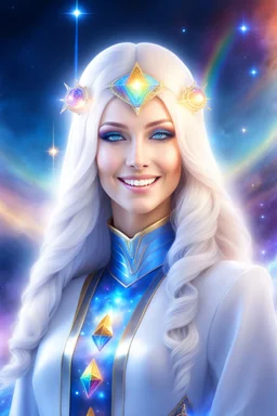 cosmic woman smile,galactic fédération, admiral from the future, one fine whole face, crystalline skin, expressive blue eyes,rainbow, smiling lips, very nice smile, costume pleiadian, Beautiful tall woman pleiadian Galactic commander, ship, perfect datailed golden galactic suit, high rank,rainbow hair, hand whit five perfect detailed finger, amazing big blue eyes, smilling mouth, high drfinition lips, cosmic happiness, bright colors, blue, pink, gold, jewels, realist, high,ufo,butterfly rainbow,