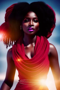 A portrait of a beautiful black woman, with long black flowing hair, wearing a black skintight dress with a red scarf, wizard, magical, ethereal, Warm bright lighting. Concept art by wlop. Ultra quality 8k.