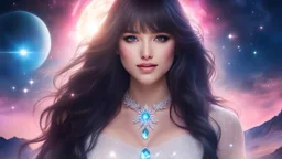 Luminous Look, beautiful girl, long dark waivy hair with bangs, dark eyes, warm smile, pink lips. Wearing a crystaline transparent white dress. Diamond solitary necklace. Cosmic environment, blue sun, nebulosas.