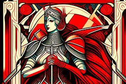 Stylized knight queen, In the style of Tarot and Art Deco, Red colours