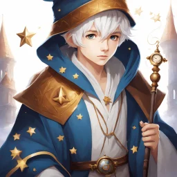 Fantasy World, A boy only wearing a closed wizards robe, and wearing a wizards hat. White Hair. Eyes That Looks Like a Clock.