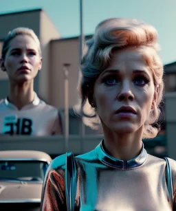 Ultra Realistic retro sci-fi movie Supermarket parking scene, 1960 year, waist up view portrait, 2 clones blonde women, sweet teenager Jane Fonda face, perfect iris, glow eyes, face makeup, tight latex coat, many people, Retro sci-fi style, soft color, highly detailed, unreal engine 5, ray tracing, RTX, lumen lighting, ultra detail, volumetric lighting, 3d, finely drawn, high definition, high resolution.