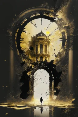 a time gate explodes, a palace, a person, black and gold colour