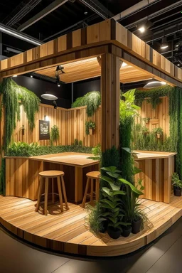 Corner exhibition stand in eco-style, with wood elements and greenery, with meeting areas