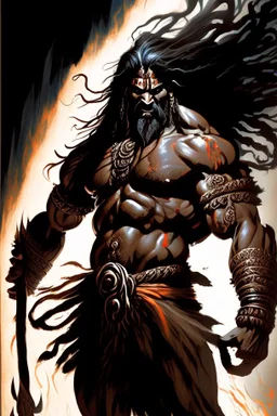 A towering and formidable figure emerged from Indian mythology displaying breathtaking bulges of rippling muscle his long flowing locks cascading like dark waterfalls down his broad back his fierce and menacing visage portraying a seething anger that seemed to smolder like embers within his soul wielding with effortless power a mighty and deadly axe his weapon of choice for rending enemies limb from limb, Fantasy art, Digital painting, Highly detailed, Sharp focus, Intricate, Dark lighting, Tren