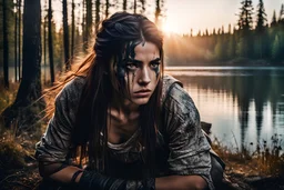 Warrior girl with thick black tears down her face, gritty, crouching down low at edge of thick forest looking at lake shore, at dawn, focused, determined, photo realistic photograph