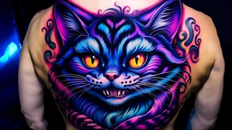 An amazing dark psytrance art tattoo of the Cheshire Cat from Twisted Alice in Wonderland on a human back, on a dark background under UV light, vivid and vibrant neon tattoo ink, detailed, intricate, high contrast.