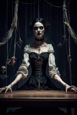 A dramatic digital mage of a woman seated on a table,facing to the front ,she is connected to string like a puppet, arms in air, moved by the strings, puppet like features in the face, beautiful face, behind her also facing the front is the puppet master,is a huge image of a man holding the strings, creepy gothic character,.zoomed in, dark and shadowy background with selective lighting on the woman, gothic and chaotic