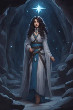 A female DnD character in a dark cave. A mysterious half-elf twilight cleric with dark, super curly hair and blue eyes. Wearing a grey robe with star symbols on it.