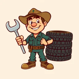 retro cartoon company mascot of a vehicle mechanic with a hint of forest ranger, holding a torque-wrench and next to a stack of tires, ranger jo