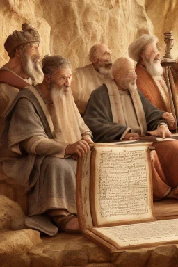 Several Christian priests of the 1st century AD are sitting in a cave and actively arguing and gesticulating, each holding a scroll of Ancient Scripture, on a wooden table in front of them there are many ancient scrolls, all painted with oil paintings in high resolution, in 8k.