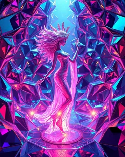 very complex structure ,pretty viberating color environment 3d metalic and crystal recursive animating beveled geometric base very complex structure future world evolving background and realistic modern goddess lady in pretty cleric dress comes out dancing gracefully , viberating color moving very in modern city escape environment while camera tracking it.