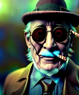 Surreal, steampunk, cabaret scene. old man. Sunglasses, rain, smoking, happy, hot, people background, highly detailed, concept art, unreal engine 5, god rays, ray tracing, RTX, lumen lighting, ultra detail, volumetric lighting, 3d, finely drawn, high definition, high resolution.