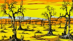 Orangish yellow bony wastelands with dry trees designed in African pottery painted by Andy Warhol