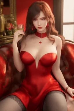 A stunning, seductive woman in a fiery red dress, casting a shy glance over her shoulder.