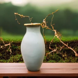artistic photo of a tiny cracked ceramic vase repaired with gold, kintsugi, garden setting, beautiful landscape photography, beautiful, vines and leaves, delicate, cinematic, high detail, beautiful composition, delicate arrangement, aesthetic, soft lighting, award winning photography, tender