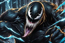 Venom Shadow symbiote in 8k realistic anime drawing style, bear them, neon ice power, dark forest, highly detailed, high details, detailed portrait, masterpiece,ultra detailed, ultra quality