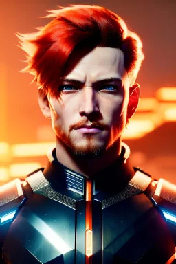 Male Cyborg anime warrior, orange hair, long hair, blue eyes, waist up portrait, 8k resolution, intricate details, ornate details, soft lighting, vibrant colors, retroanime, masterpiece, intricate eyeliner, dark eyeshadow, eyes, futuristic cityscape background