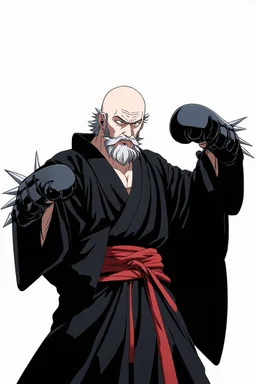 1man, elderly, bald, narrow eyes, bushy grey beard, black kimono, tall height, japanese clothes, black steel spiked armored gauntlets, boxing pose, in the style of manga "Bleach"