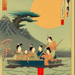 Ukiyo-e styled art, stream, mountain, sun, family on a boat