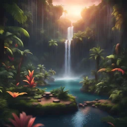 an epic extremely detailed of a rain forest island landscape with exotic trees, waterfall, pond, cliffs, sunset background, sharp focus, high contrast, dark tone, bright vibrant colors, cinematic masterpiece, shallow depth of field, bokeh, sparks, glitter, 16k resolution, photorealistic, intricate details, dramatic natural lighting