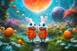 easter holidays, pixar art style of cute pixie smiling bunny with large eyes, little chicken, full body, fresh orange puffer jacket, a colorful intricate HEART shaped planet similar to deathstar in a brig ażht nebula backdrop, by mobeius, large eastern eggs, in the garden of Eden, stylized vegetation, turquoise water ground-level view, foggy atmosphere, hyper detailed, digital art, trending in artstation, cinematic lighting, unreal engine 5 rendered, octane rendered