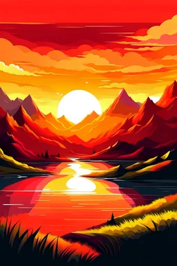 show m a backdrop of mountains, lak, warm sun setting, in pop cartoon art