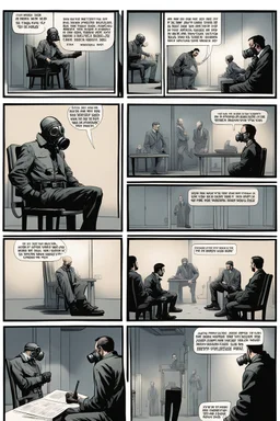a page divided into 6 rectangular panels, each with different views of a man strapped to a chair and being interrogated by a man standing with a gas mask on, lower and higher perspectives, front and back, overhead light, suspenseful torture graphic novel, comic book