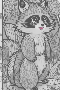 coloring book page of a magical raccon pokemon ,monochrome, black and white, sharp, sketch drawing