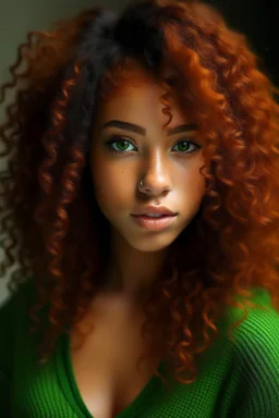 Mixed girl long curly reddish Orenge hair dark green eyes