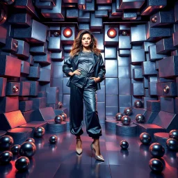 make a picture pretty stage made of metallic blue-gray teme 3d fractal recursive cubic and sphere base structures and a beautiful fashion model lady posing with cute,with baggy style pants with a tight shirt and jacket,silver high heels ,makeup curvy long hair,dynamic camera zoom to full body and pan, dynamic lights.