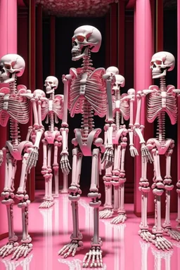 ‘Pink and White Metal Skeleton Army' depicts two columns of Identical Pink and White metal Skeleton Soldiers Marching in Lockstep toward the viewer; Klimt