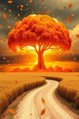 a nuclear explosion mushroom cloud that looks like a autumn tree full of leaves, leaves falling everywhere. bottom 2/3 is a curved dirt road through a wheat field