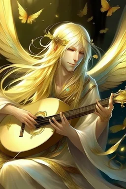 männliche Fee, libellen flügeln, hellblondes, fast weißes, langes Haar, Laute spielend, lange spitze Ohren, goldene, auffällige Augen, kindlich