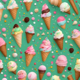 Ice cream, cones and sprinkles on a green background